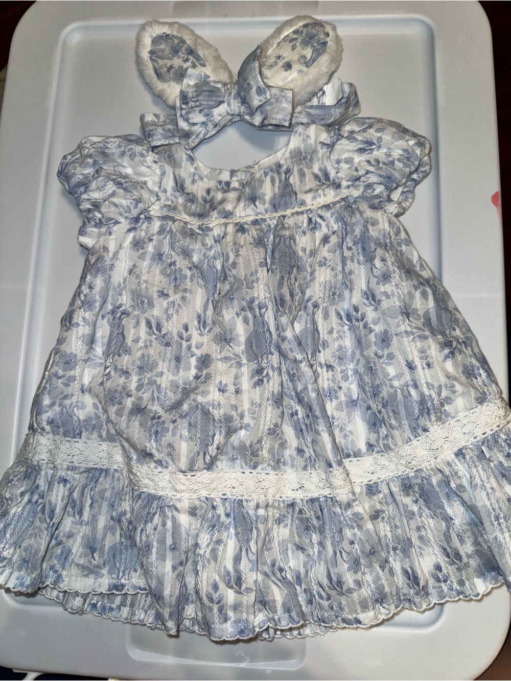 Blue Floral Lace-Trim Baby Dress with bunny ears